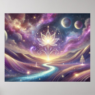 Lotosblume mit kosmischem Himmel und fließendem Fl Poster