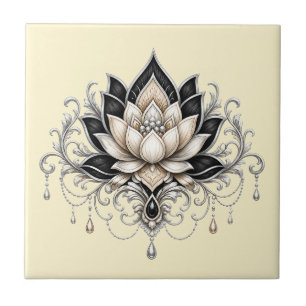 Lotosblume schwarzes silbernes florales indisches fliese