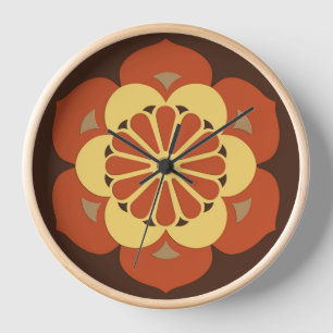 Lotosblumen-Mandala, Braun, Rostrot und Gelb Wanduhr