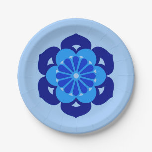 Lotosblumen-Mandala, Indigo und Hellblau Pappteller