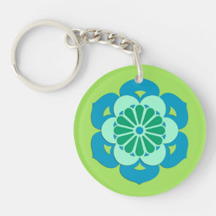 Lotosblumen-Mandala, Limettgrün und Hellblau Schlüsselanhänger