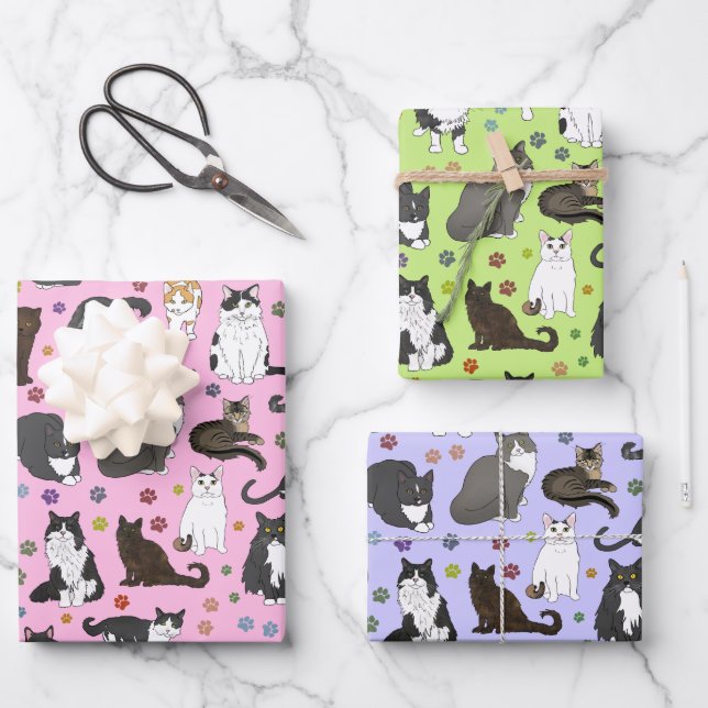 Lotsa Cats - Kaugummi pink, grün, lila Geschenkpapier Set (Vorderseite)