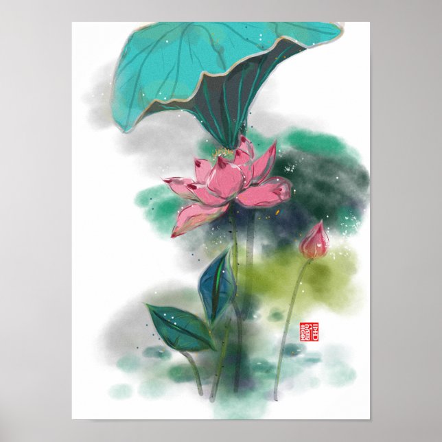 Lotus Asian Ink Art Print Poster (Vorne)