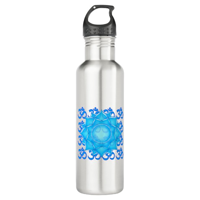 Lotus-Blume aus blauem Glas, Gezeichnet mit Om-Mus Edelstahlflasche (Vorderseite)