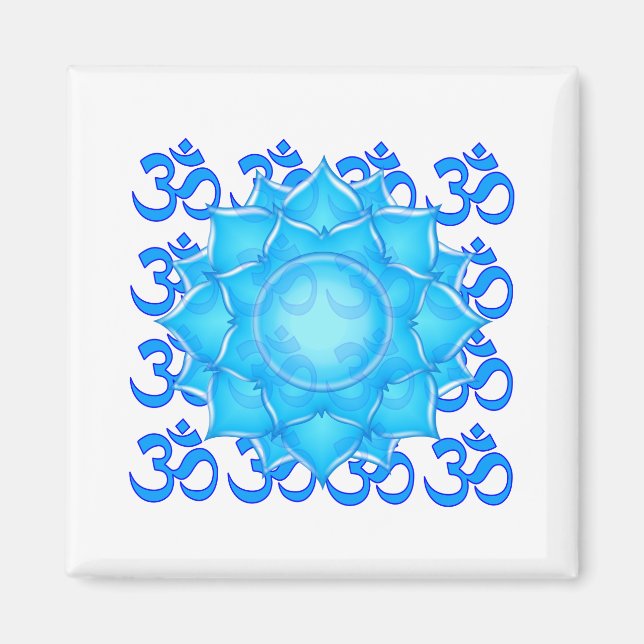 Lotus-Blume aus blauem Glas, Gezeichnet mit Om-Mus Magnet (Vorne)