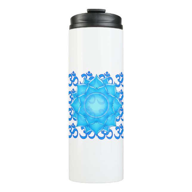 Lotus-Blume aus blauem Glas, Gezeichnet mit Om-Mus Thermosbecher (Vorderseite)
