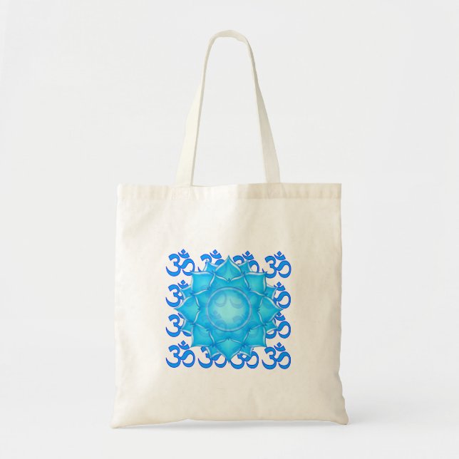 Lotus-Blume aus blauem Glas, Gezeichnet mit Om-Mus Tragetasche (Vorne)