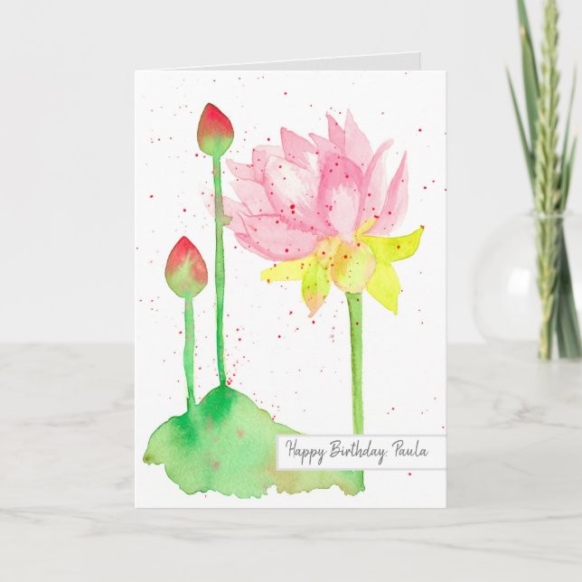 Lotus Blume Happy Birthday Individuelle Name Karte (Vorderseite)