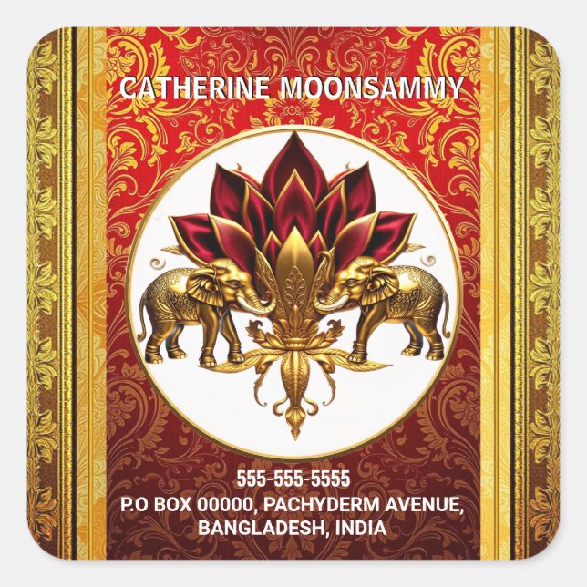 Lotus Blume Hindi Elefanten Rücksendeadresse DIY Quadratischer Aufkleber (Vorderseite)
