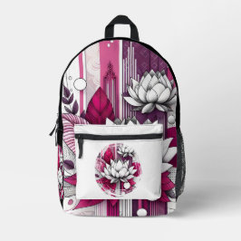 Lotus-Blume, in magenta, schwarz und weiß Bedruckter Rucksack