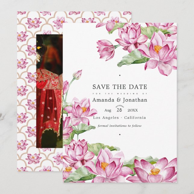 Lotus Blume Indian Wedding Foto Save The Date (Vorne/Hinten)
