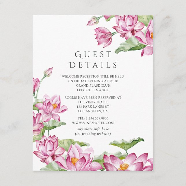 Lotus Blume Indian Wedding Guest Details Begleitkarte (Vorderseite)