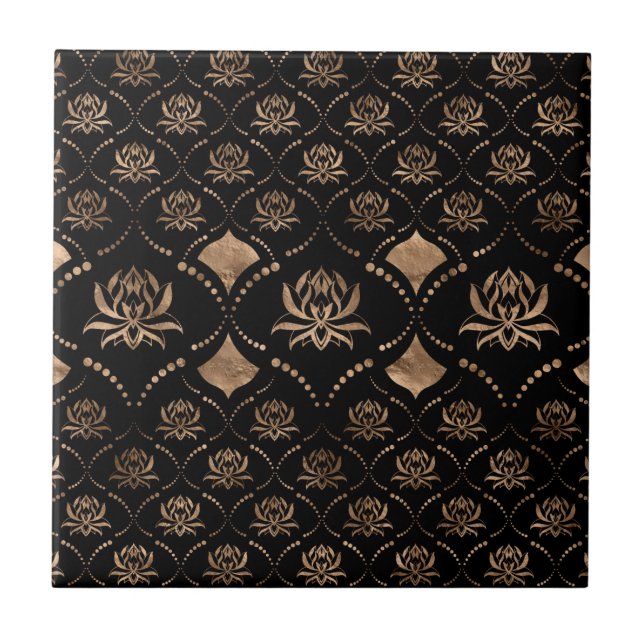 Lotus Blume Luxuriöses Dekor - Schwarz und Gold Fliese (Vorderseite)