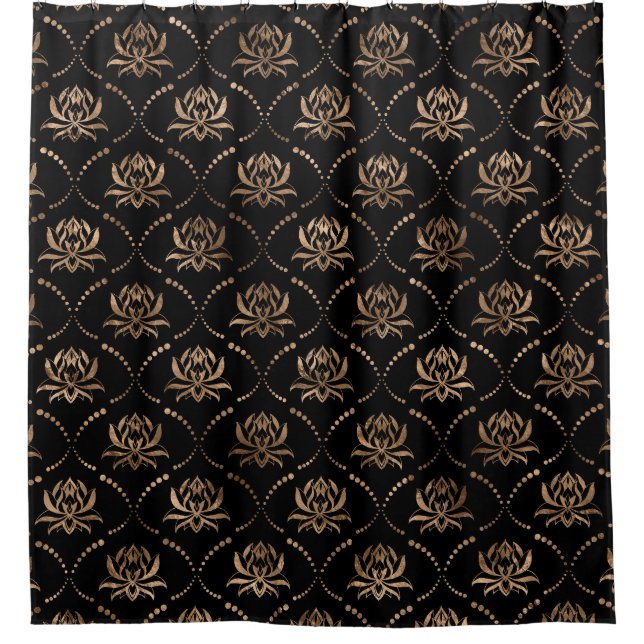 Lotus Blume Luxus-Muster - Schwarz und Gold Duschvorhang (Vorderseite)