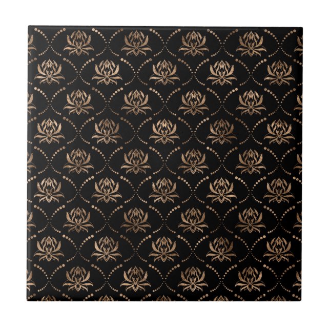Lotus Blume Luxus-Muster - Schwarz und Gold Fliese (Vorderseite)