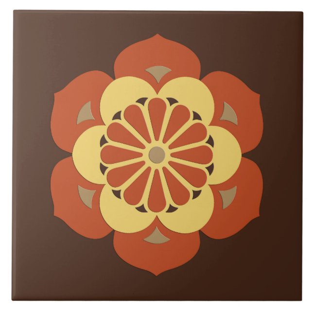 Lotus Blume Mandala, Braun, Rost und Gelb Fliese (Vorderseite)