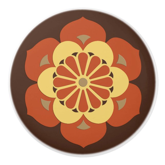 Lotus Blume Mandala, Braun, Rost und Gelb Keramikknauf (Vorderseite)