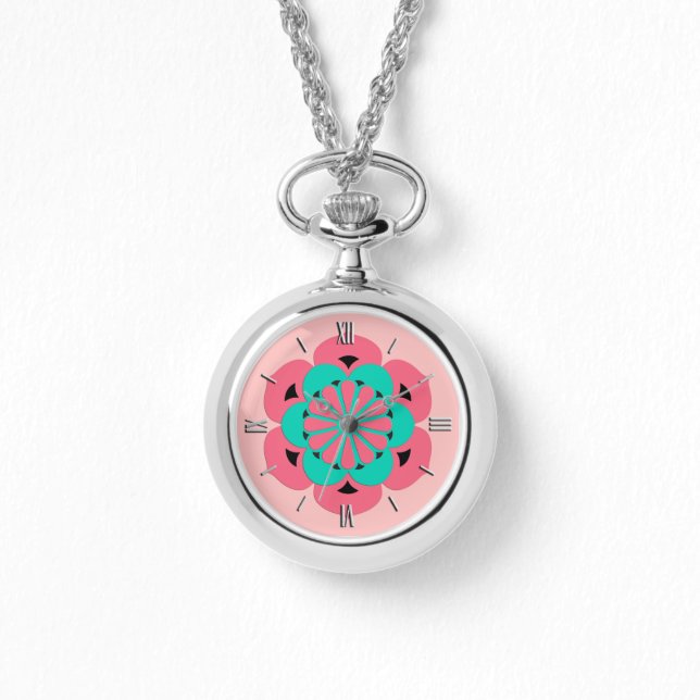 Lotus Blume Mandala, Coral Pink und Türkis Armbanduhr (Vorderseite)