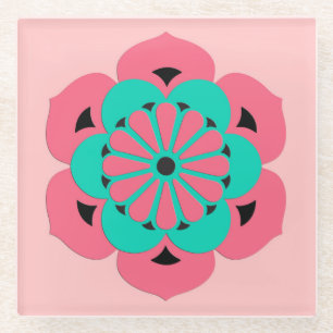 Lotus Blume Mandala, Coral Pink und Türkis Glasuntersetzer
