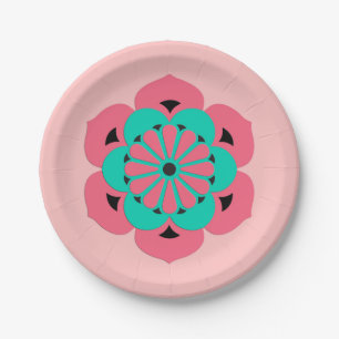 Lotus Blume Mandala, Coral Pink und Türkis Pappteller