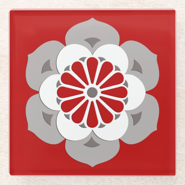 Lotus Blume Mandala, Dunkelrot, Grau und Weiß Glasuntersetzer (Vorderseite)