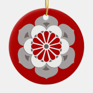 Lotus Blume Mandala, Dunkelrot, Grau und Weiß Keramik Ornament