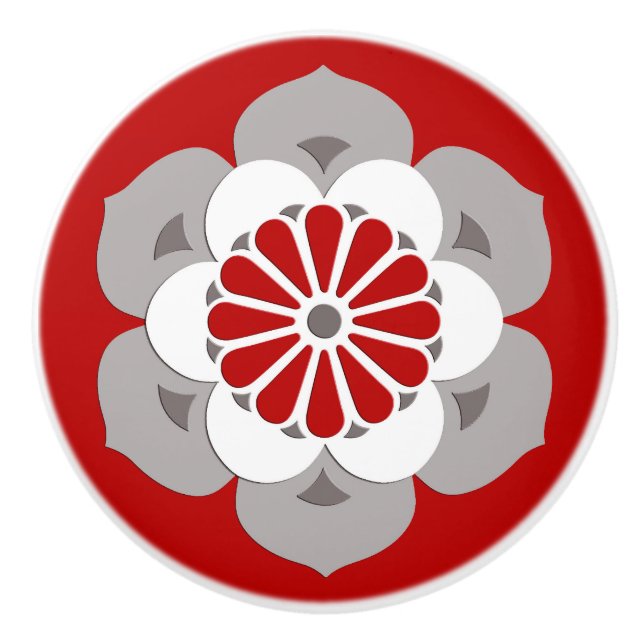 Lotus Blume Mandala, Dunkelrot, Grau und Weiß Keramikknauf (Vorderseite)