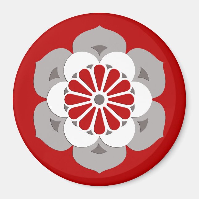 Lotus Blume Mandala, Dunkelrot, Grau und Weiß Magnet (Vorne)