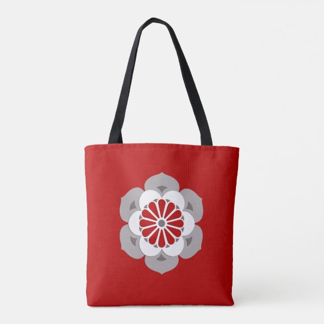 Lotus Blume Mandala, Dunkelrot, Grau und Weiß Tasche (Rückseite)