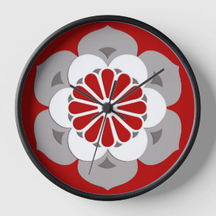 Lotus Blume Mandala, Dunkelrot, Grau und Weiß Wanduhr
