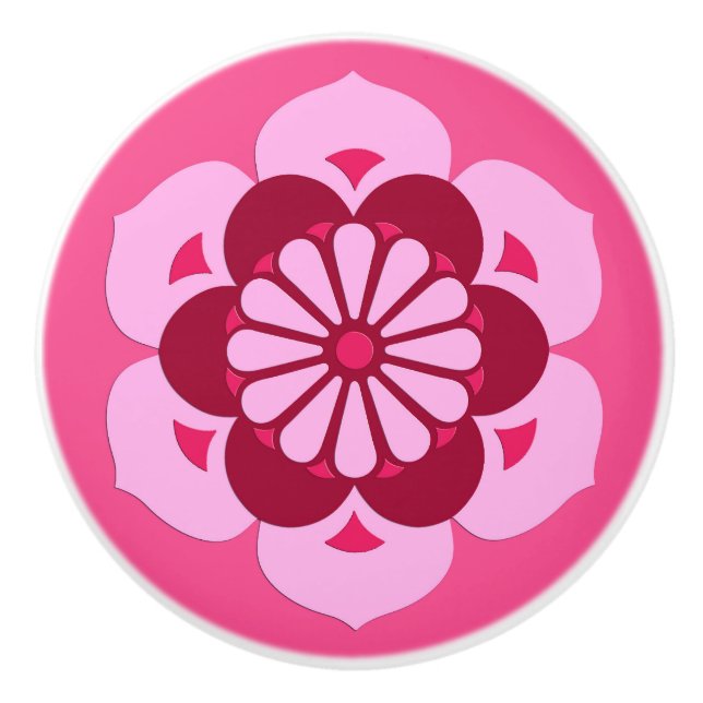 Lotus Blume Mandala, Fuchsia Pink und Burgund Keramikknauf (Vorderseite)