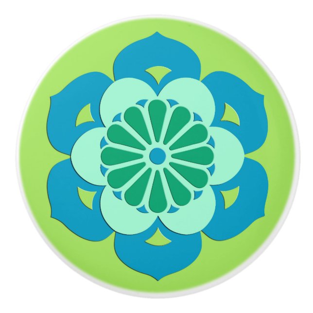 Lotus Blume Mandala, Lime Green und Light Blue Keramikknauf (Vorderseite)