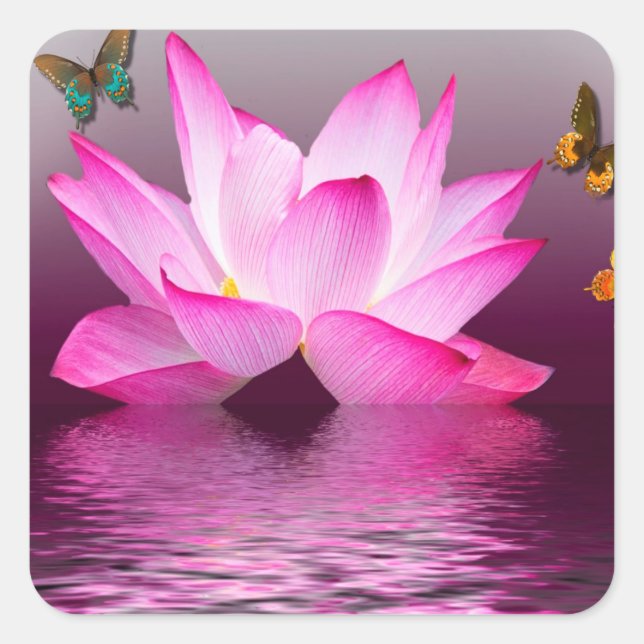 Lotus-Blume mit Schmetterlingsinsekt Quadratischer Aufkleber (Vorderseite)