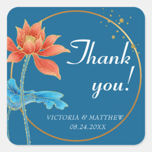 Lotus Blume Orange & Blue Wedding Vielen Dank Quadratischer Aufkleber