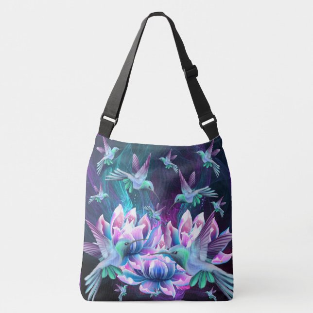 Lotus-Blume und Hummingvögel im Flug Tragetaschen Mit Langen Trägern (Vorderseite)
