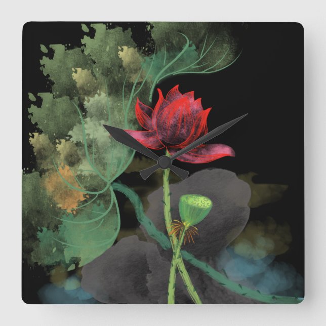 Lotus Blume Wall Clock Quadratische Wanduhr (Vorderseite)