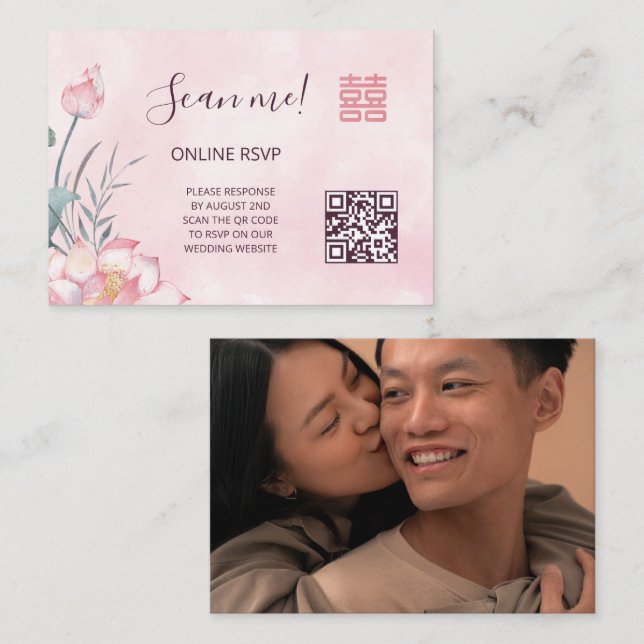 Lotus Chinese Wedding QR Code UAWG Online Begleitkarte (Vorne/Hinten)