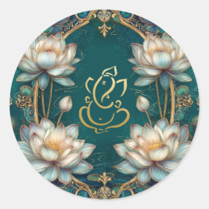 Lotus Indian Ganesh Hindu God Wedding   Green Gold Runder Aufkleber