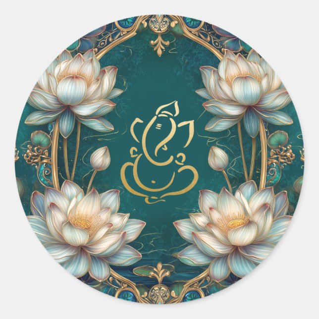 Lotus Indian Ganesh Hindu God Wedding | Green Gold Runder Aufkleber (Vorderseite)