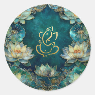 Lotus Indian Ganesh Wedding   Green Gold Runder Aufkleber