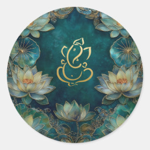 Lotus Indian Ganesh Wedding   Green Gold Runder Aufkleber