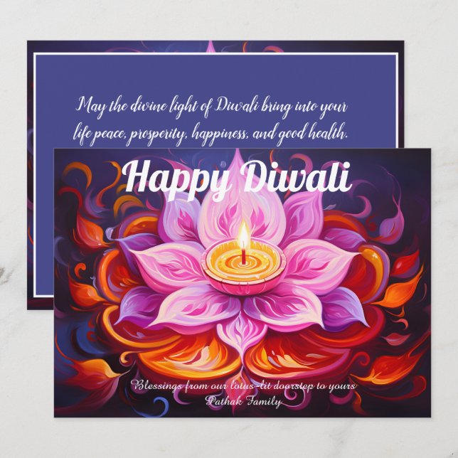 Lotus-Laternen-Licht-Diwali-Karte Einladung (Vorne/Hinten)