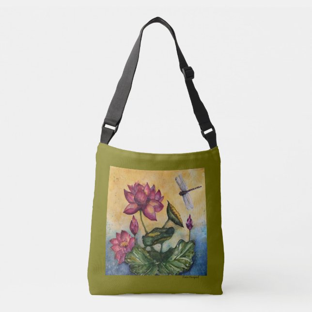 Lotus-Libellen-Aquarell Crossbody Tasche (Vorderseite)