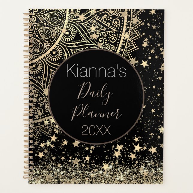 Lotus Mandala Glitzer Gold Stars Personalisiert Planer (Vorderseite)