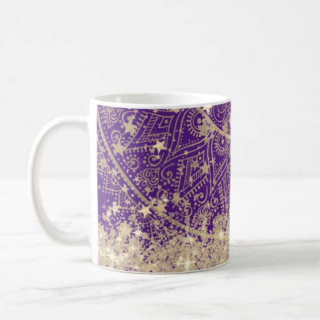 Lotus Mandala Gold Stars auf Lila Kaffeetasse (Links)