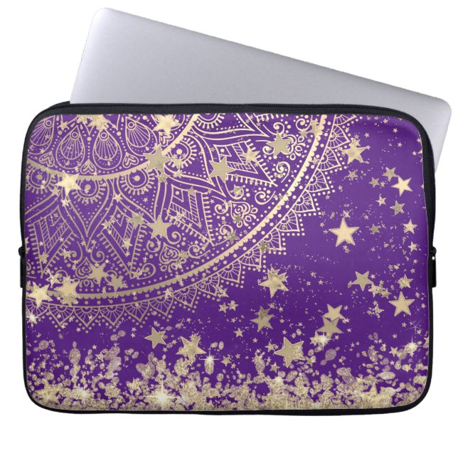 Lotus Mandala Gold Stars auf Lila Laptopschutzhülle (Vorderseite)