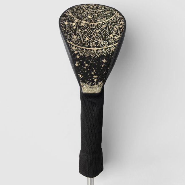 Lotus Mandala mit Gold Stars auf schwarz Golf Headcover (Vorderseite)