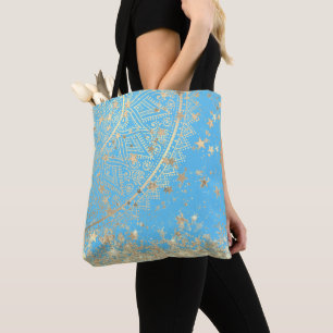 Lotus Mandala mit Gold Stars auf Türkis Tasche