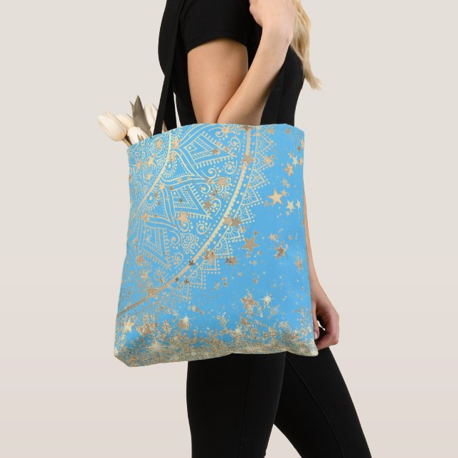 Lotus Mandala mit Gold Stars auf Türkis Tasche (Von Nahem)