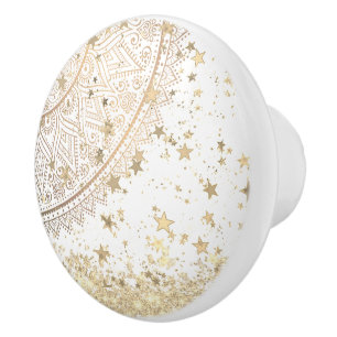 Lotus Mandala mit Gold Stars auf Weiß Keramikknauf
